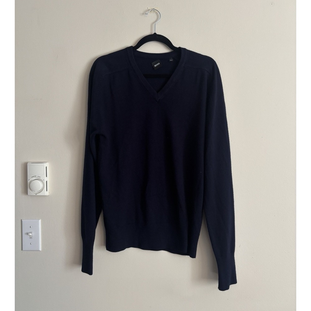 Boss Hugo Boss Mens L XL V Neck Wool Sweater Navy Blue Classic Professional‎